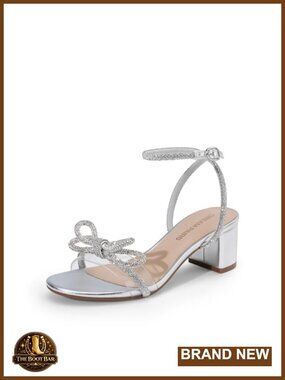 Rhinestone Double Bow Chunky Heel Sandals Faux Leather Block Heel Dress Shoes